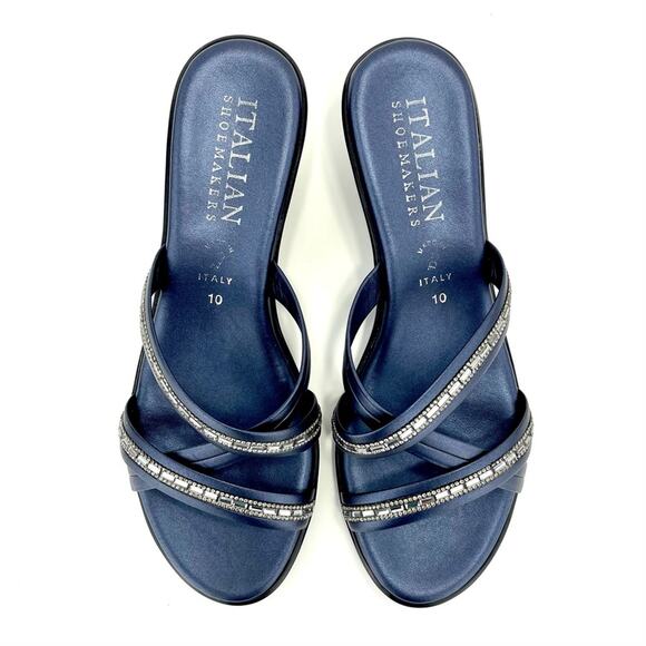 ITALIAN SHOEMAKERS NAVY BLUE RHINESTONE EMBELLISHED SLIDE-IN WEDGE STRAPY SANDAL - Picture 5 of 15